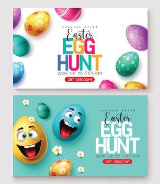 Easter egg sale vector banner set. Easter egg hunt for special offer discount promo text with colorful elements in printed and smiling face decoration design. Vector illustration easter egg hunt 