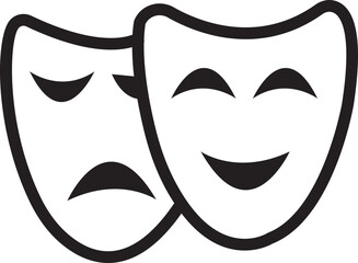 Black Line Theatrical mask icon. Theater, theatre mask sign. Masquerade mask. Happy and unhappy traditional symbol of theater. Comedy and tragedy mask symbol editable stock on transparent background. - obrazy, fototapety, plakaty