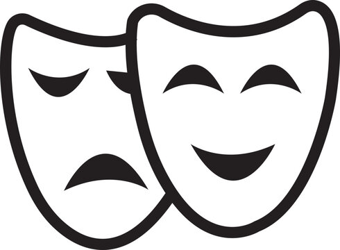 Black Line Theatrical mask icon. Theater, theatre mask sign. Masquerade mask. Happy and unhappy traditional symbol of theater. Comedy and tragedy mask symbol editable stock on transparent background.