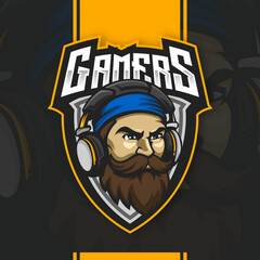 Pro beard gamer detailed esports gaming mascot logo design