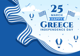Happy Greece Independence Day Vector Illustration on March 25th with Greek Flag and Ribbon in National Holiday Flat Cartoon Background Design