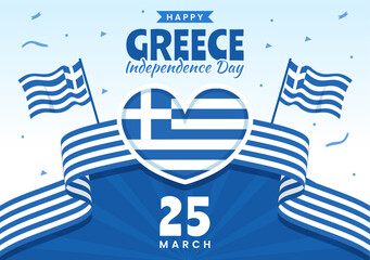 Happy Greece Independence Day Vector Illustration on March 25th with Greek Flag and Ribbon in National Holiday Flat Cartoon Background Design
