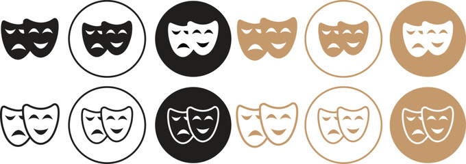 Flat Theatrical mask icons Set. Theater, theatre mask signs. Happy and unhappy traditional symbols of theaters. Comedy and tragedy mask symbols editable stock collection on transparent background.