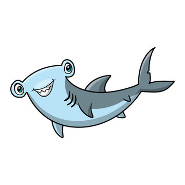 Cute hammerhead shark cartoon on white background