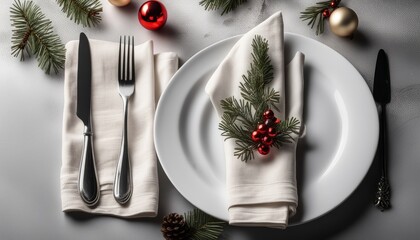 A table set for Christmas dinner with a napkin in the shape of a tree