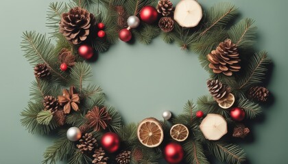 Fototapeta na wymiar A wreath with pine cones and ornaments