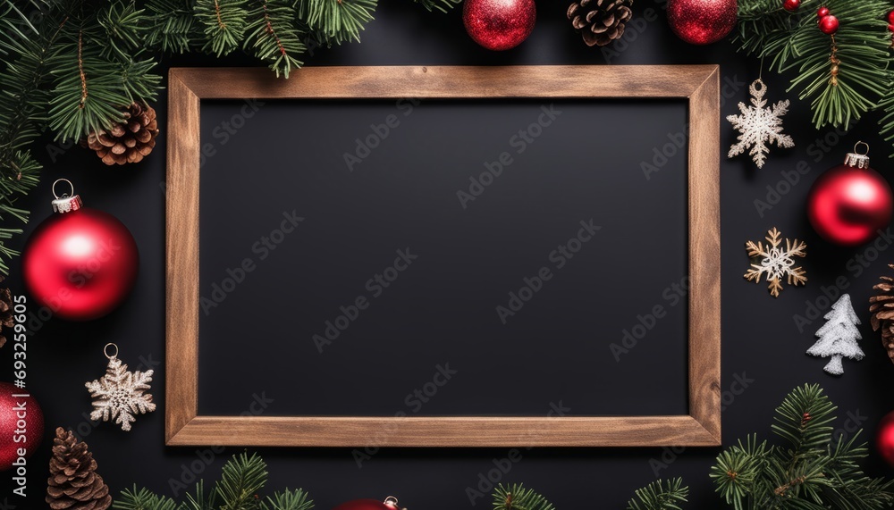 Sticker A wooden frame with a black background and christmas ornaments