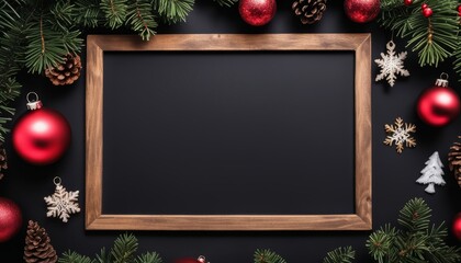 A wooden frame with a black background and christmas ornaments