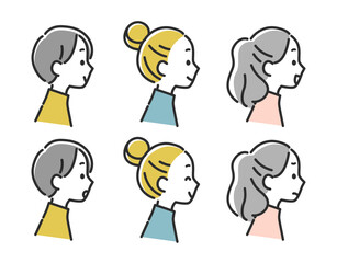 若い女性の横顔アイコンの表情セット