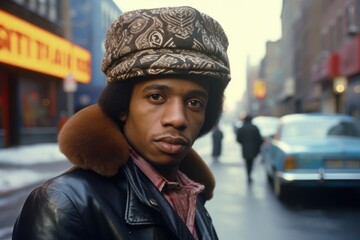 Black man in 1970s on American city street - obrazy, fototapety, plakaty