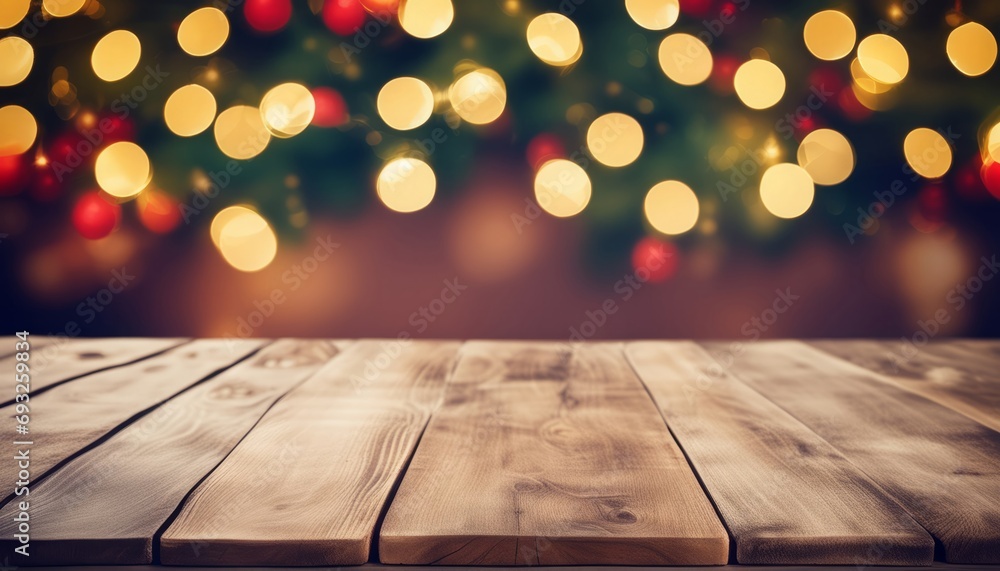 Canvas Prints A wooden table with a Christmas tree in the background