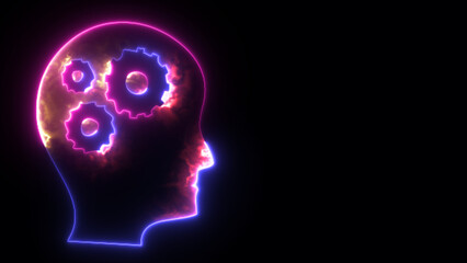 Obraz premium Glowing purple neon line Human head with gear silhouette icon isolated on black background. Human head with gear neon line profile icon. Human anatomy and science concept