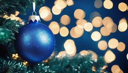 A blue ornament hanging on a Christmas tree