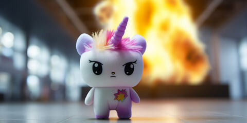 burning angry minimalist cute Unicorn toy post apocalypse
