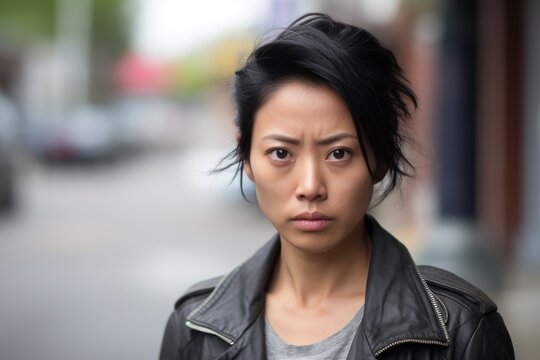 Asian woman serious sad face portrait outdoor