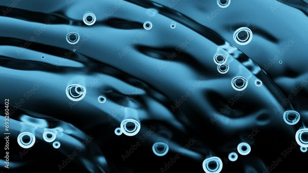 Poster top view of drops falling into water surface and diverging circles in slow motion. design. bubbles o