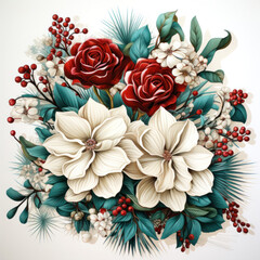 Watercolor Christmas composition of fir branches, white flowers and red roses on a light background. Holiday print for design or background