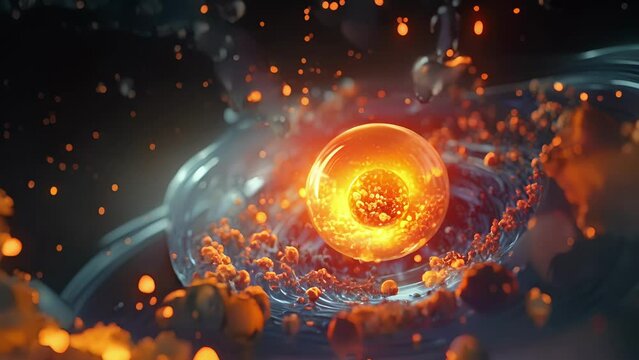 Closeup of a swirling nuclear reaction, as a neutron becomes captured and transforms an atom into a new element.