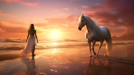 Sunset beach woman & horse
