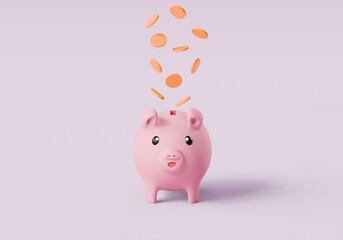3D Piggy bank with Coins falling on front isolated pastel pink background with copy space. saving, Financial and money deposit concept. 3d render illustration.