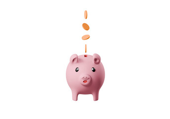 3D Piggy bank with Coins falling on front isolated pastel pink background with copy space. saving, Financial and money deposit concept. 3d render illustration.