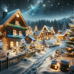 A picturesque snowy village scene during Christmas time. The village is blanketed in fresh, white snow with charming, rustic houses adorned with twink