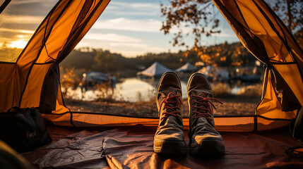camping with hiking shoes - obrazy, fototapety, plakaty