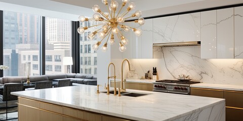 Luxurious kitchen in with gold faucet, sputnik chandelier, stainless steel appliances, and white marble counters. - obrazy, fototapety, plakaty