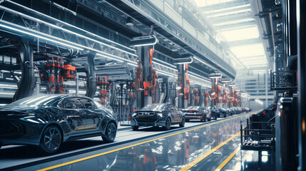 Automobile factory. Automobile assembly plant. Generative AI.