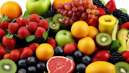 A colorful assortment of fruits, including apples, oranges, kiwi, and strawberries, are arranged in a visually appealing manner