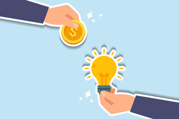 Crowd funding, new business or start up company to get money or venture capital to support or sponsor business concept, businessman hand giving money dollar coin to new business idea light bulb. - obrazy, fototapety, plakaty