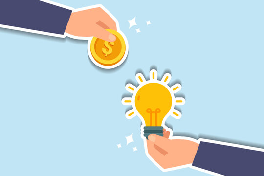 Crowd funding, new business or start up company to get money or venture capital to support or sponsor business concept, businessman hand giving money dollar coin to new business idea light bulb.