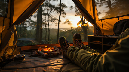 camping with hiking shoes - obrazy, fototapety, plakaty