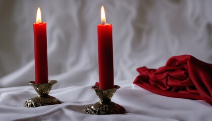 Two candles on a white cloth with a red rose