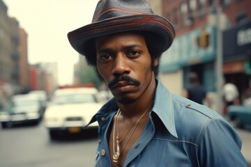 Fashionable Black man in 1970s on American city street - obrazy, fototapety, plakaty