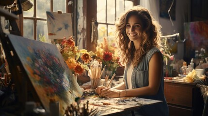 portrait of happy young woman painter working with brushes on painting in workshop