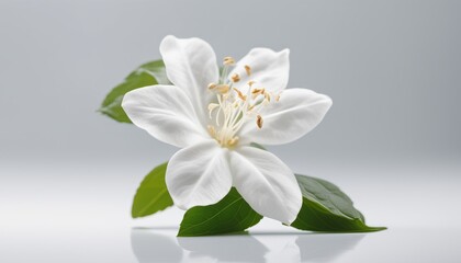 A white flower with green leaves - obrazy, fototapety, plakaty