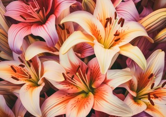 background full of pink and orange lilies. Generative AI.