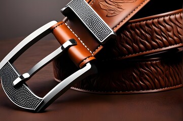 Detailed shot of a textured leather belt, highlighting its rugged yet refined look.
