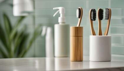 A white counter with toothbrushes and toiletries - obrazy, fototapety, plakaty