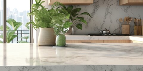  close-up of a marble island kitchen countertop with appliances, utensils, and a green plant by a window. - obrazy, fototapety, plakaty
