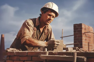 Foto op Plexiglas bricklayer building a wall with bricks at a construction site. Generative AI © Antonio