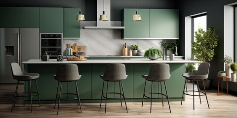 Modern kitchen with island and chairs, ed in , featuring green and gray tones.