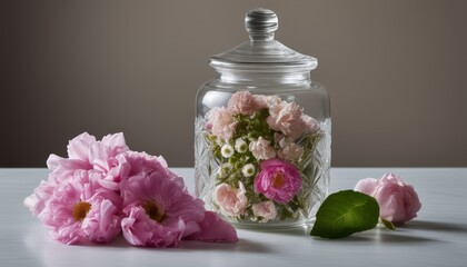 Obraz na płótnie Canvas A glass jar with pink flowers and a green leaf