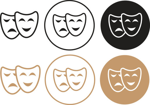 Line Theatrical mask icons Set. Theater, theatre mask signs. Happy and unhappy traditional symbols of theaters. Comedy and tragedy mask symbols editable stock collection on transparent background.