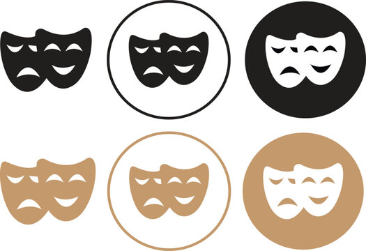 Fill Theatrical mask icons Set. Theater, theatre mask signs. Masquerade masks. Happy and unhappy traditional symbols of theater. Comedy and tragedy mask symbols isolated on transparent background.