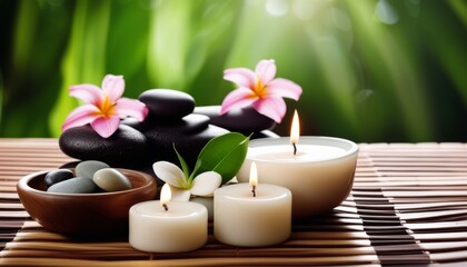 Fototapeta na wymiar Aromatherapy candles with flowers on a table