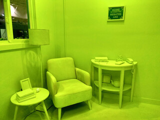 Interior of living room with sofa, table and lamps with green colour theme