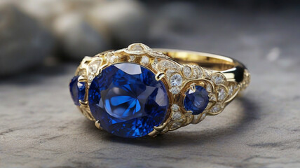 Gold ring with blue sapphire gems stone | diamonds on blue background