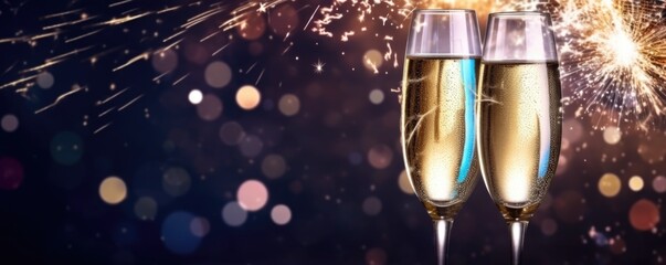 New Years celebration with fireworks and champagne glasses at night comeliness - obrazy, fototapety, plakaty